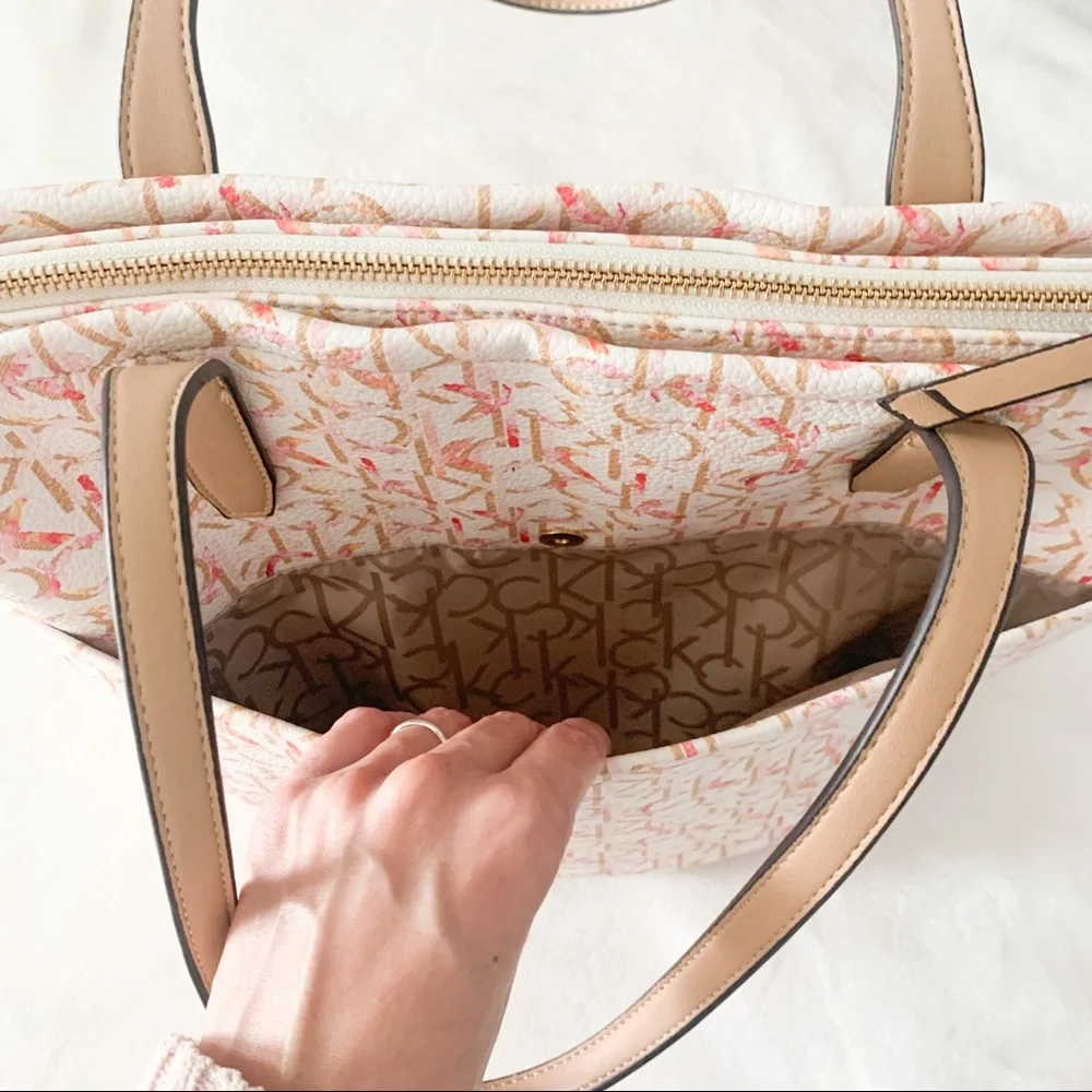 Calvin Klein Pink Cream Monogram Tote with Tan Handles
